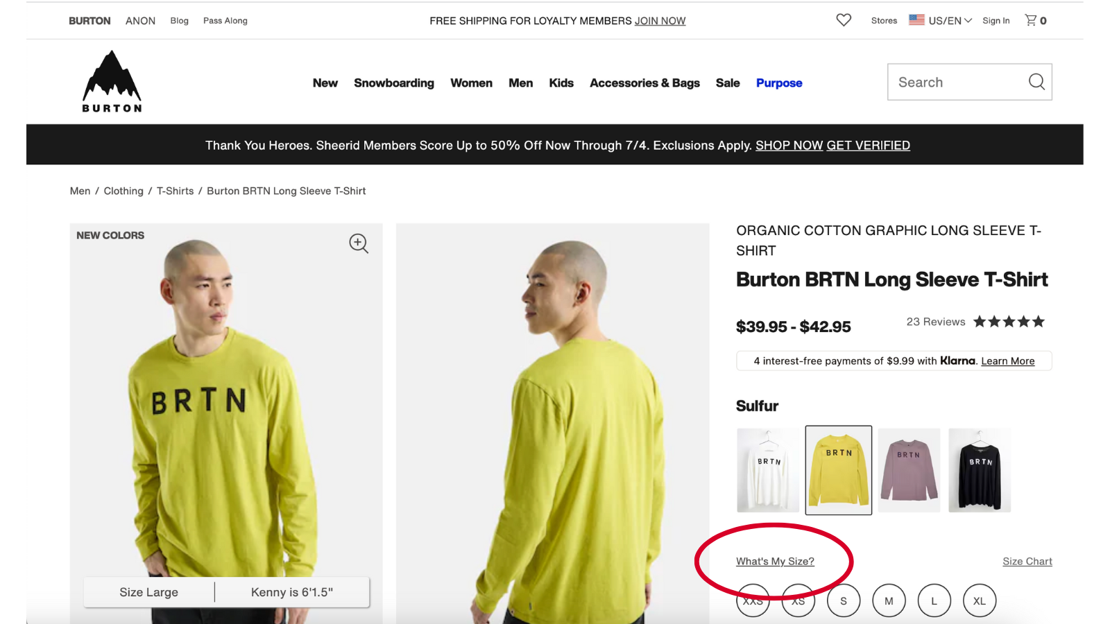 image from Burton website with What's My Size? highlighted