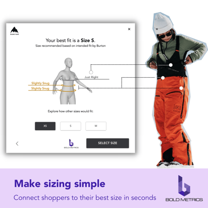 woman in snow bib adjusting sizing and mobile UX showing smart size chart technology by Bold Metrics for Burton