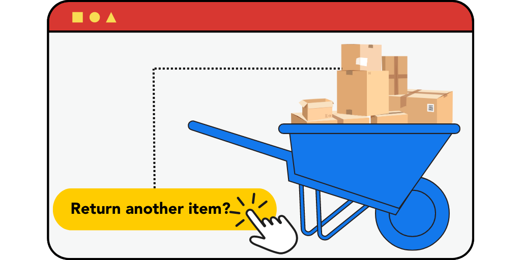 screen UX of a blue wheelbarrow illustration filled with returned packages