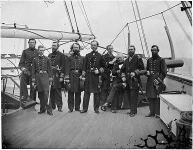 Vintage photograph of Admiral John A. Dahlgren and his staff aboard USS Pawnee, Civil War era.