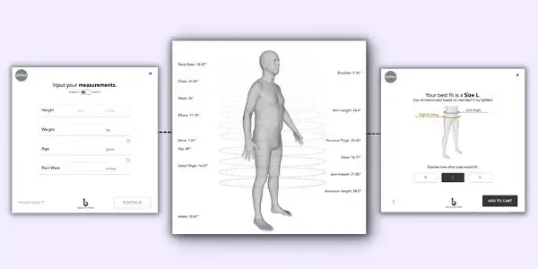  Featured image: Three-part interface display of Bold Metrics with input fields for body measurements, 3D model for size visualization, and size recommendation for optimized garment fitting. - 