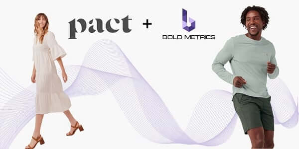  Featured image: Partnership between Pact and Bold Metrics, featuring a woman in a flowing dress and a man in casual running attire, symbolizing a joint venture in sustainable and well-fitted clothing. - 