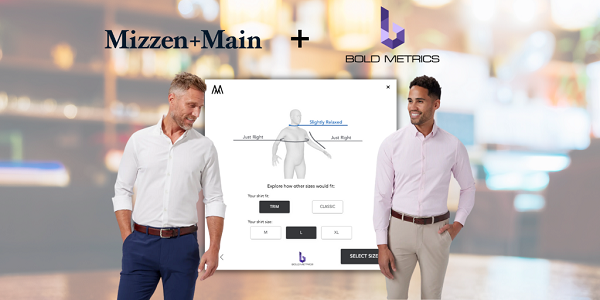 Mizzen+Main and Bold Metrics collaboration advertisement featuring two men in smart casual dress shirts smiling, with a virtual shirt fitting interface on display.
