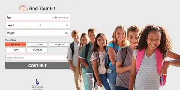 Group of smiling schoolchildren with backpacks overlaid by a Bold Metrics 'Find Your Fit' interface for selecting age-appropriate shoe sizes.