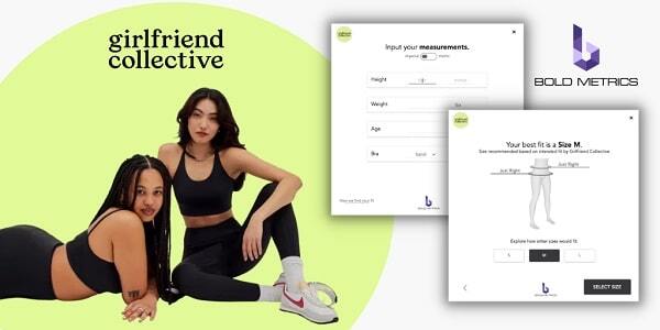 Featured image: Girlfriend Collective activewear promotion with Bold Metrics technology, featuring two women in a yoga pose and a screenshot of a virtual fitting interface. -