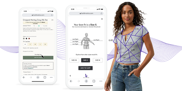 A triptych display with Bold Metrics interface showing a cropped Henley Cozy Rib Tee product, size recommendation module, and a woman modeling clothing with fit measurement lines.