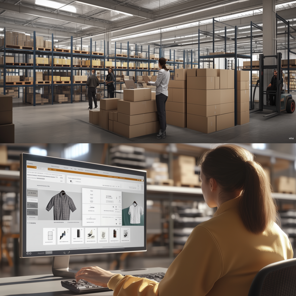 A woman at a computer preparing to order clothes, with holiday returns depicted above her in another frame