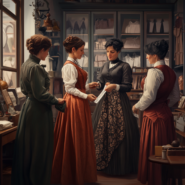  Featured image: Women in the 1800s with a tailor measuring a woman for custom-made garments. - 