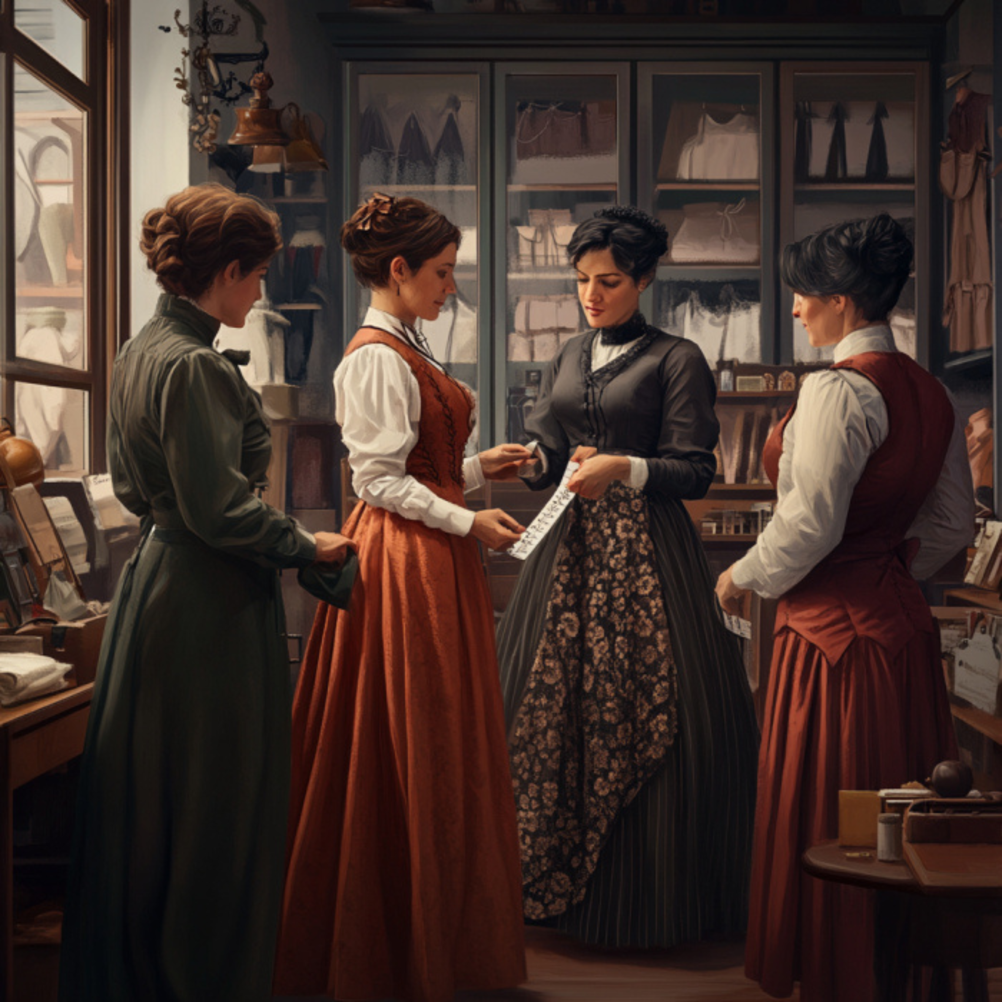 Women in the 1800s with a tailor measuring a woman for custom-made garments.