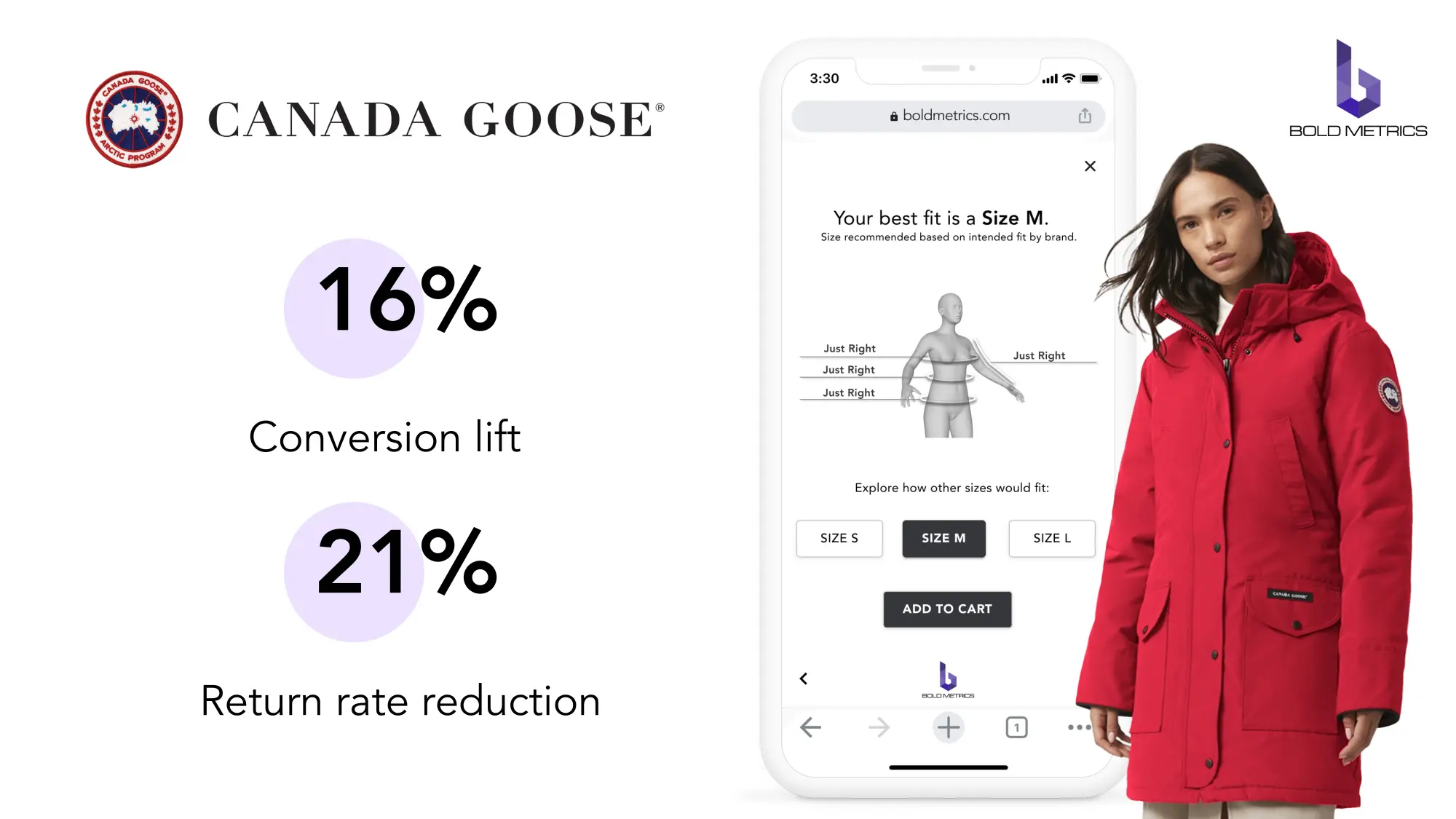 Featured image: an image of a woman in a canada goose jacket and a mobile phone with a sizing technology - aria-label=