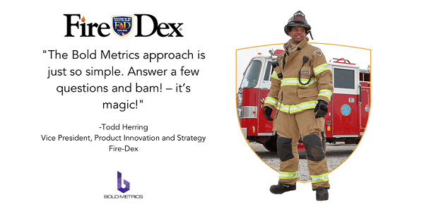 FireDex endorsement of Bold Metrics with a firefighter in full gear standing next to a fire engine, highlighting the simplicity and effectiveness of their product fitting approach.